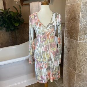 B73 Women’s Body Central V-Neck Sweater Dress Lightweight Pink Tan cream Medium